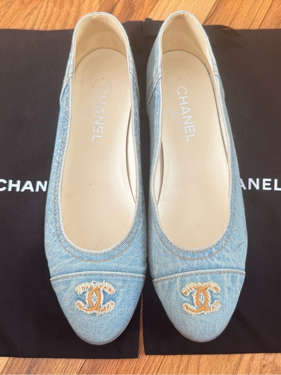 CHANEL Shoes - CHANEL Light Blue Denim Ballerina Flats with Embroidered CC